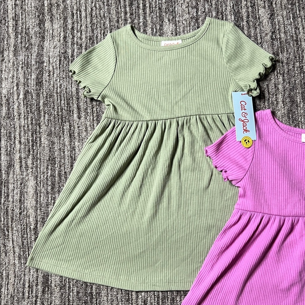 Cat & Jack Ribbed Green and Pink Dresses 2 Pieces Set Size 3T - Picture 3 of 7